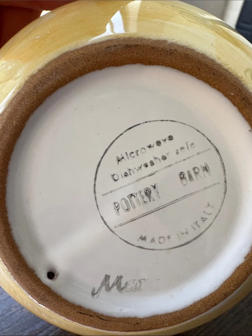 Pottery Barn Yellow and White Ceramic Bowl with Green Trim(one),Made in Italy